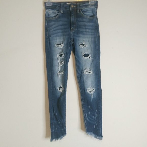 KANCAN Dark Wash Blue, DESTROYED/RAW ANGLED HEM Jeans SZ 24" x 24" x 9" inseam - Picture 4 of 7